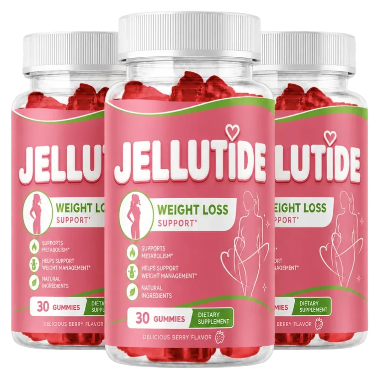 3 pink Jellutide gummy bottles with the green swoosh label