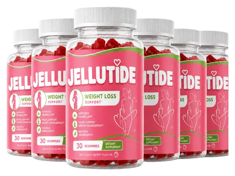 6 pink Jellutide gummy bottles with the green swoosh label